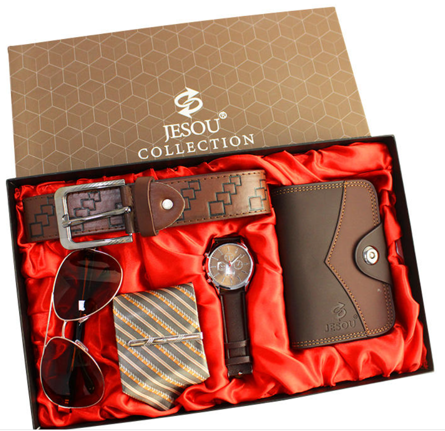 Luxe Heren Geschenkset luxe 12-delig met o.a. Zonnebril Portemonnee en Stropdas kleur Bruin in Geschenkverpakking